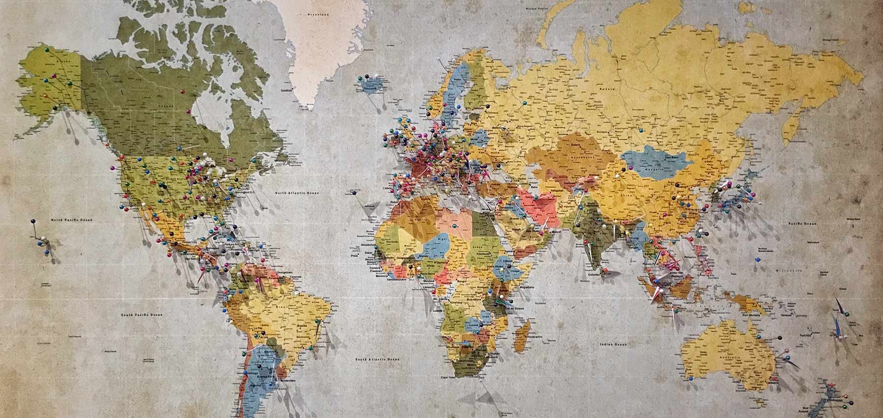 World map with pins representing international students at Life West Chiropractic College