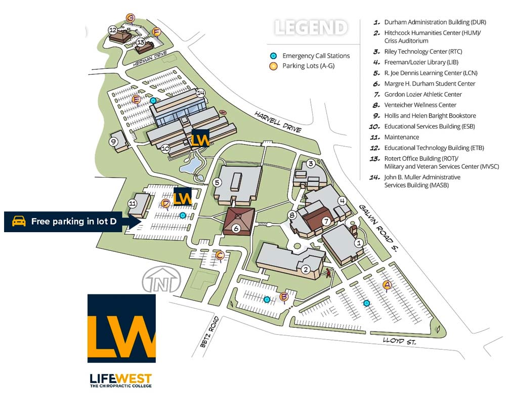 Map of Life Chiropractic College West on the Bellevue University campus in Nebraska