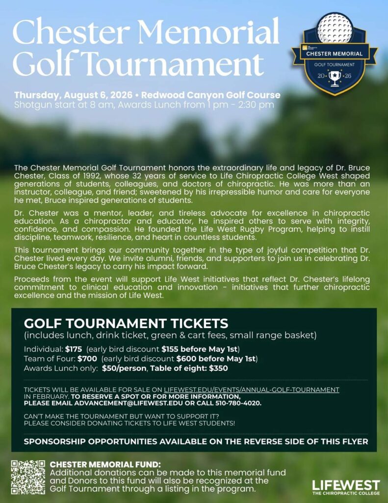 Graphic outlining golf and lunch options at the 2026 Life Chiropractic College West Golf Tournament in honor of Dr. Bruce Chester