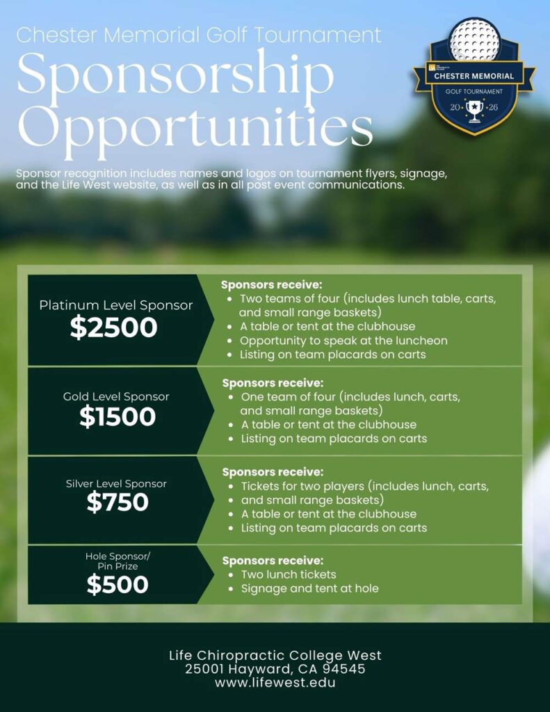 Graphic showing sponsorship opportunities at the 2026 Life West Classic Golf Tournament in honor of Dr. Bruce Chester