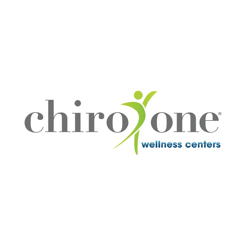 ChiroOne Wellness Centers logo: gray wordmark with a lime-green abstract human figure jumping between letters.