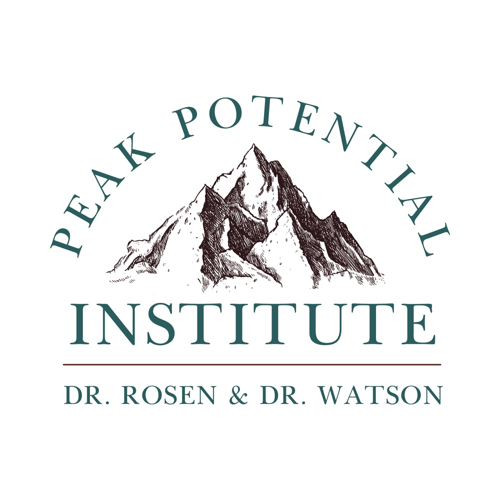 Logo for Peak Potential Institute featuring a hand-drawn mountain range above the word INSTITUTE, with curved text 'PEAK POTENTIAL' and 'Dr. Rosen & Dr. Watson' beneath.