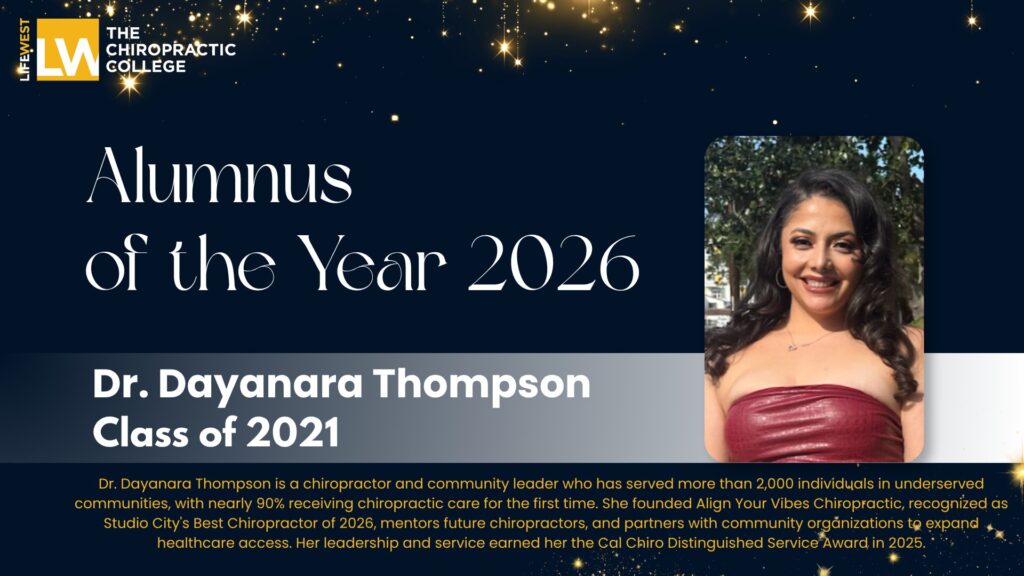 Banner with a navy background, gold star accents, and the text 'Alumnus of the Year 2026' plus The Chiropractic College logo; a rounded portrait of a smiling woman appears on the right.