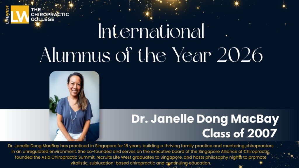 Banner announcing International Alumnus of the Year 2026 for LifeWest Chiropractic College, featuring a smiling alumna photo on the left and gold starry background.